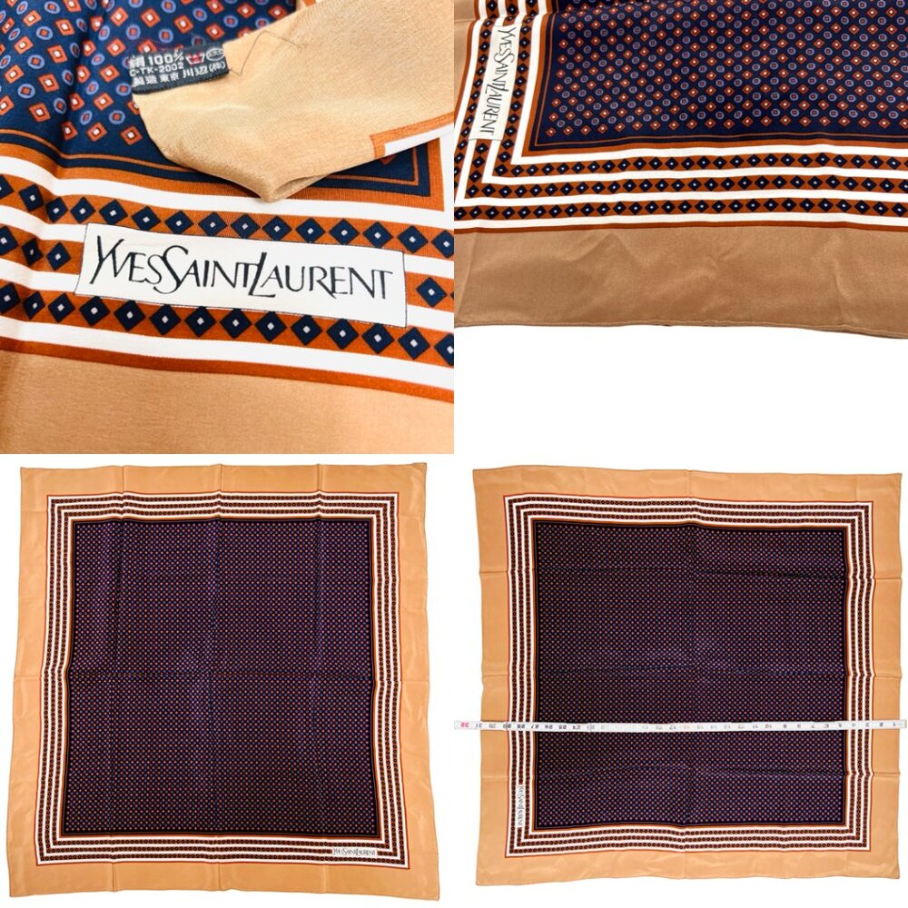 Beautiful Yves Saint Laurent  Silk Satin Scarf 31" Brown purple square Dots  (26 - Picture 11 of 12